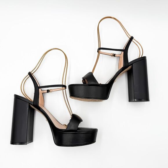 Gucci Marmont GG Platform Sandals EU 38 US 8 Black Leather Block High Heel - Picture 8 of 15